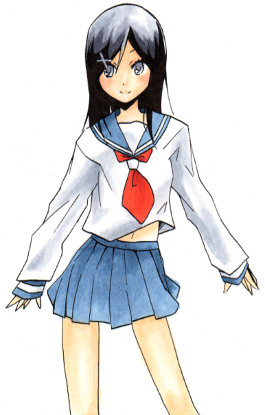 black_hair, faux_traditional_media, fuura_kafuka, grey_eyes, hair_ornament, hairclip, long_hair, midriff