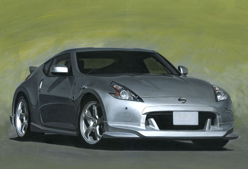 ape_(logo1113), car, colored_pencil_(medium), green_background, grey_car, motor_vehicle, nissan, nissan_370z