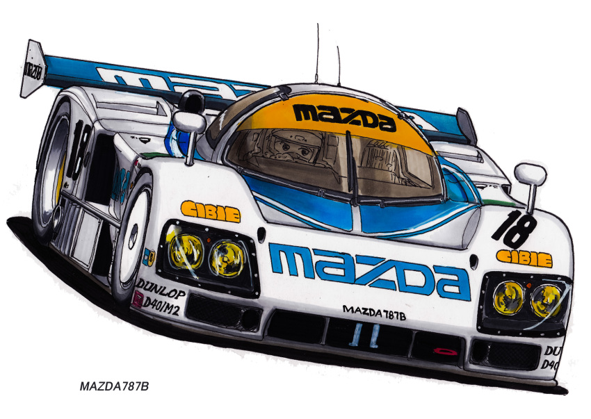 1other, black_car, car, driving, english_text, gloves, helmet, highres, holding, le_mans_prototype, mazda, mazda_787b, motor_vehicle, product_placement, race_vehicle, racecar, shadow, simple_background, takashi_mamiya, vehicle_focus, white_background, white_car, world_sportscar_championship