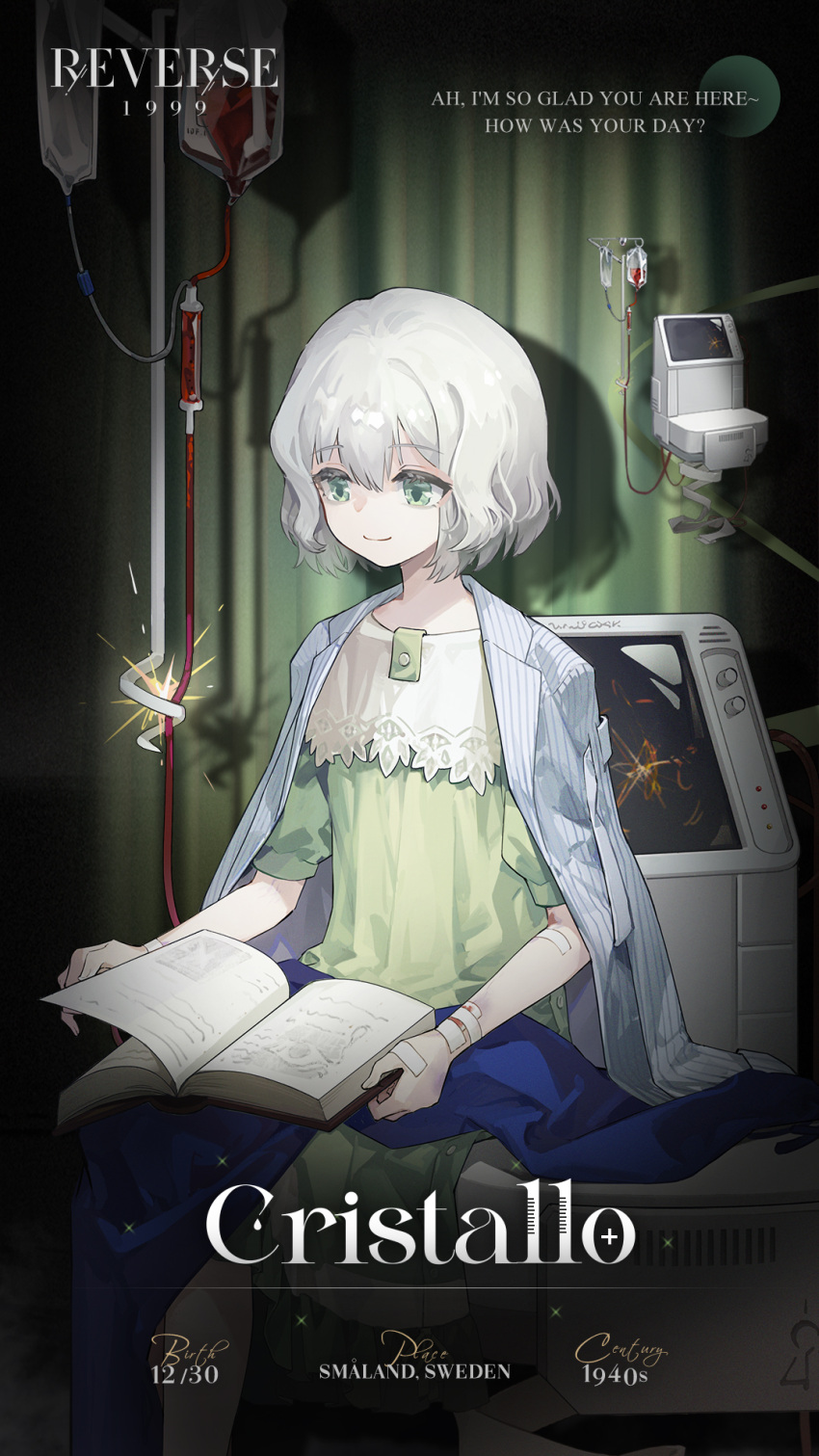 1girl, bandaid, bandaid_on_arm, blanket, blood, blood_bag, book, book_on_lap, character_name, copyright_name, cristallo, curtains, device, dress, english_text, feet_out_of_frame, green_background, green_curtains, green_dress, green_eyes, hair_between_eyes, highres, injection, intravenous_drip, iv_stand, logo, looking_down, official_art, open_book, reading, reverse:1999, shirt, shirt_on_shoulders, short_hair, short_sleeves, sitting, smile, solo, sparks, spotlight, striped, striped_shirt, vertical-striped_shirt, vertical_stripes, white_hair, white_shirt