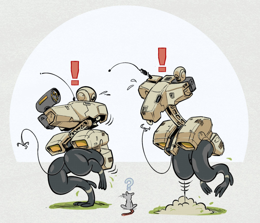!, ?, cable, chibi, dust, english_commentary, gekko_(metal_gear), highres, jumping, looking_down, mecha, metal_gear_(series), missile_pod, mouse, no_humans, radio_antenna, robot, scared, sweatdrop, walker, will_pierce
