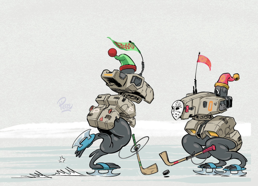 artist_name, chibi, flag, gekko_(metal_gear), green_headwear, grey_background, hat, highres, hockey_mask, hockey_stick, ice_hockey, mask, mecha, metal_gear_(series), no_humans, pom_pom_(clothes), red_headwear, robot, squatting, walker, will_pierce