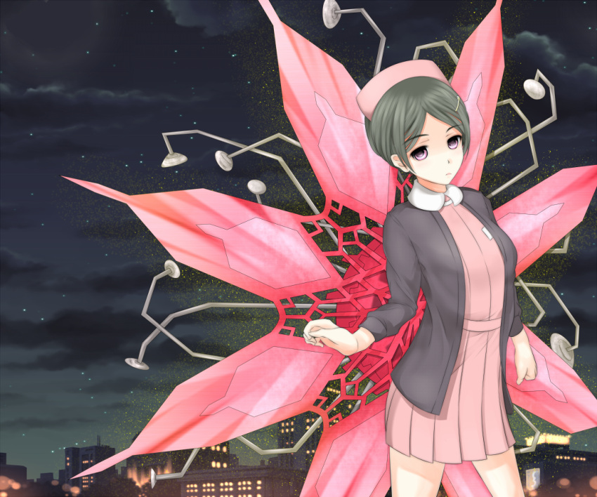 1girl, black_cardigan, black_hair, breasts, building, cardigan, city_lights, closed_mouth