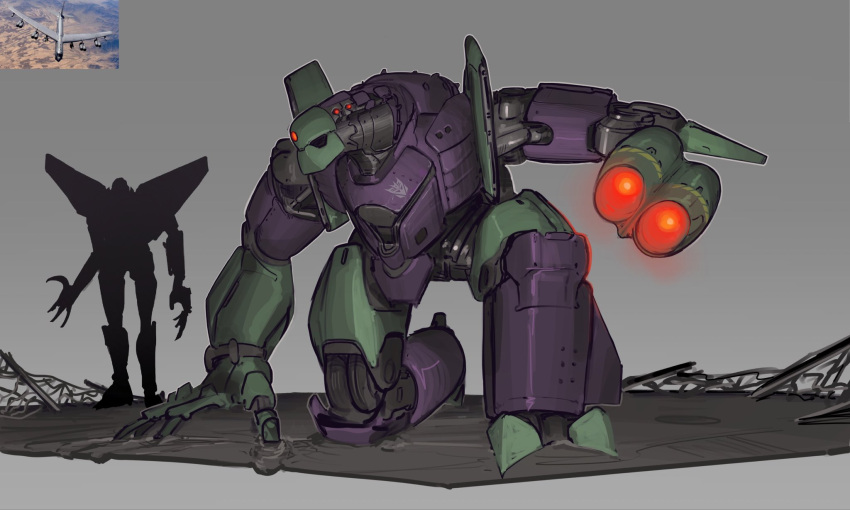 aircraft, airplane, arm_cannon, decepticon, english_commentary, fence, grey_background, highres, looking_ahead, lugnut_(transformers), mecha, no_humans, on_one_knee, one-eyed, photo_inset, red_eyes, robot, silhouette, size_comparison, starscream, transformers, transformers_animated, tungsten_hale, vehicle_request, weapon