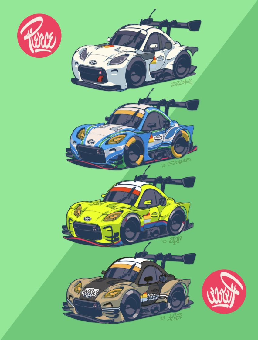 apr_racing, car, circle, commentary, english_commentary, green_background, headlight, highres