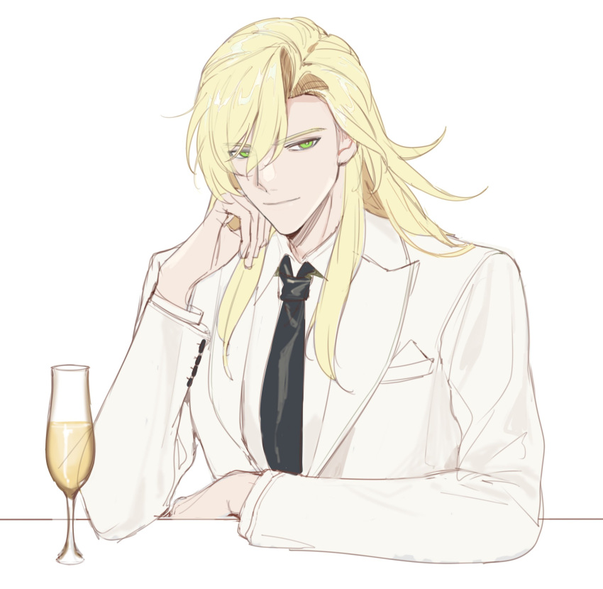 1boy, alcohol, black_necktie, blonde_hair, champagne, champagne_flute, closed_mouth, collared_shirt, commentary_request, cup, drinking_glass, green_eyes, hair_between_eyes, highres, honkai:_star_rail, honkai_(series), jacket, long_hair, long_sleeves, looking_at_viewer, luocha_(honkai:_star_rail), male_focus, manboygxg, necktie, parted_bangs, shirt, simple_background, smile, solo, suit, upper_body, white_background, white_jacket, white_shirt