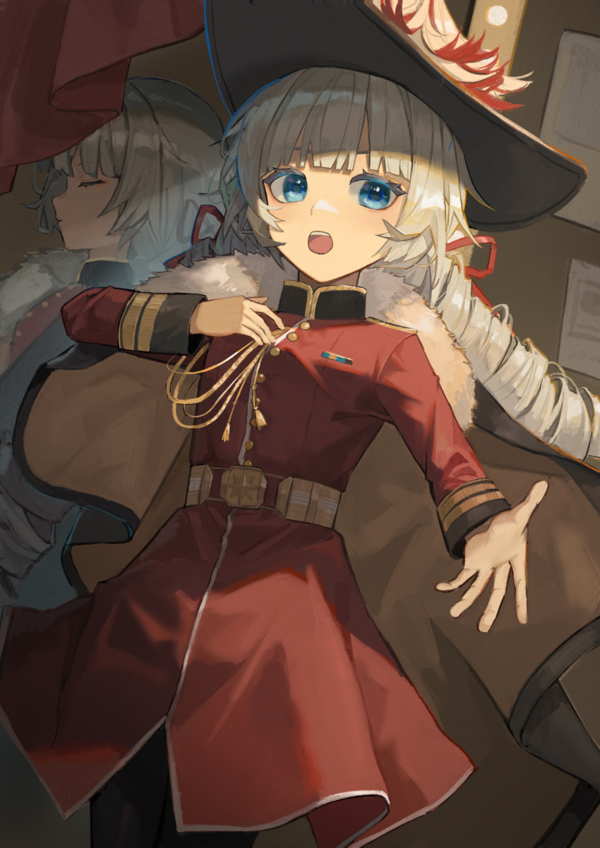 1girl, :o, absurdres, aiguillette, black_headwear, black_pantyhose, blue_eyes, blunt_bangs, brown_cape, cape, charlie_(reverse:1999), closed_eyes, cowboy_shot, different_reflection, dress, drill_hair, epaulettes, fur-trimmed_cape, fur_trim, hair_ribbon, hand_on_own_chest, hand_up, hat_feather, high_collar, highres, indoors, long_hair, long_sleeves, looking_at_viewer, low_twintails, military_uniform, mirror, official_alternate_costume, outstretched_arm, outstretched_hand, pantyhose, profile, red_dress, red_ribbon, reflection, reverse:1999, ribbon, solo, teeth, twin_drills, twintails, uniform, upper_teeth_only, white_hair, xhcohiyc