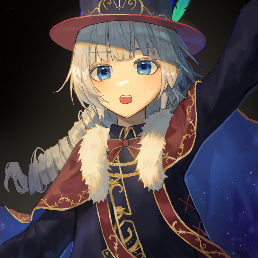 1girl, :o, arm_up, black_background, black_dress, blue_cape, blue_eyes, blue_feathers