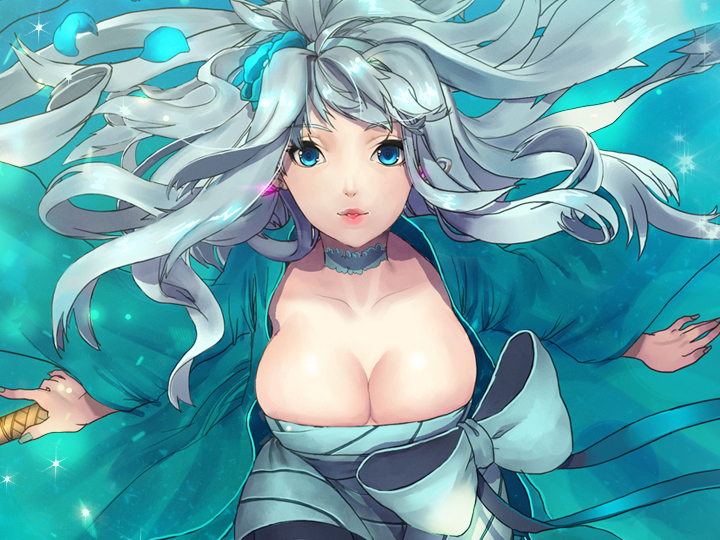 breasts, choker, cleavage, dress, grey_hair, lips, long_hair, macross