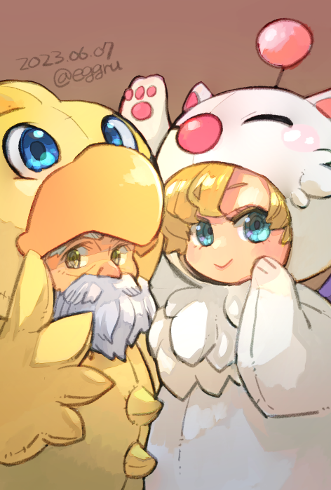1boy, 1girl, beard, blonde_hair, blue_eyes, chocobo, closed_mouth, cosplay