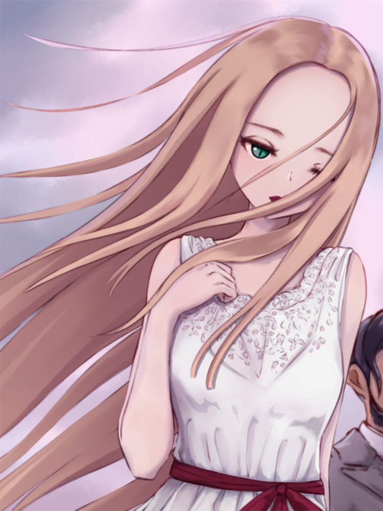 1boy, 1girl, alternate_costume, arm_at_side, asairosora, bare_shoulders, blonde_hair, breasts