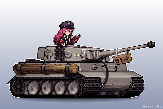 1girl, artist_name, blue_archive, blush, book, commentary, english_commentary, from_side, gradient_background, grey_background, grey_hair, grey_headwear, hat, holding, holding_book, iroha_(blue_archive), long_sleeves, military_hat, military_uniform, military_vehicle, motor_vehicle, necktie, pink_hair, pixel_art, red_necktie, sana_(ansancityboy), simple_background, solo, tank, translation_request, twitter_username, uniform, vehicle_request