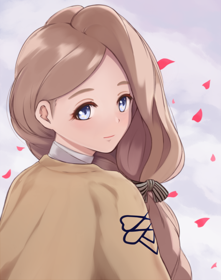1girl, asairosora, asymmetrical_hair, blue_eyes, blush, bow, brown_hair, closed_mouth