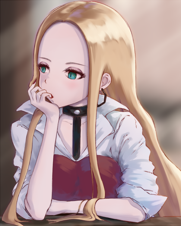 1girl, asairosora, blonde_hair, blurry, blurry_background, blush, breasts, brown_background