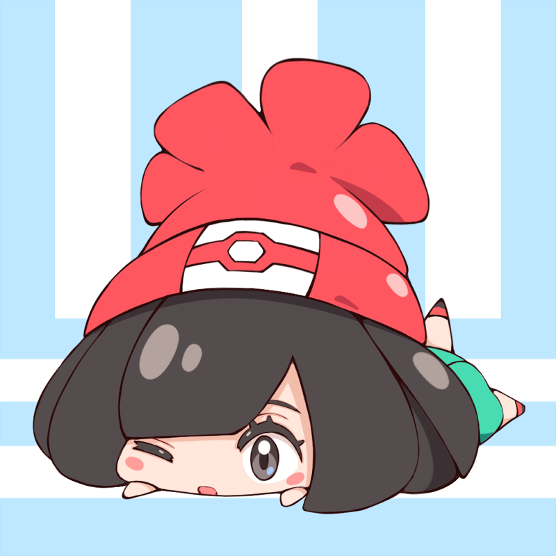 1girl, asairosora, beanie, black_eyes, black_hair, blue_background, blunt_bangs, blush