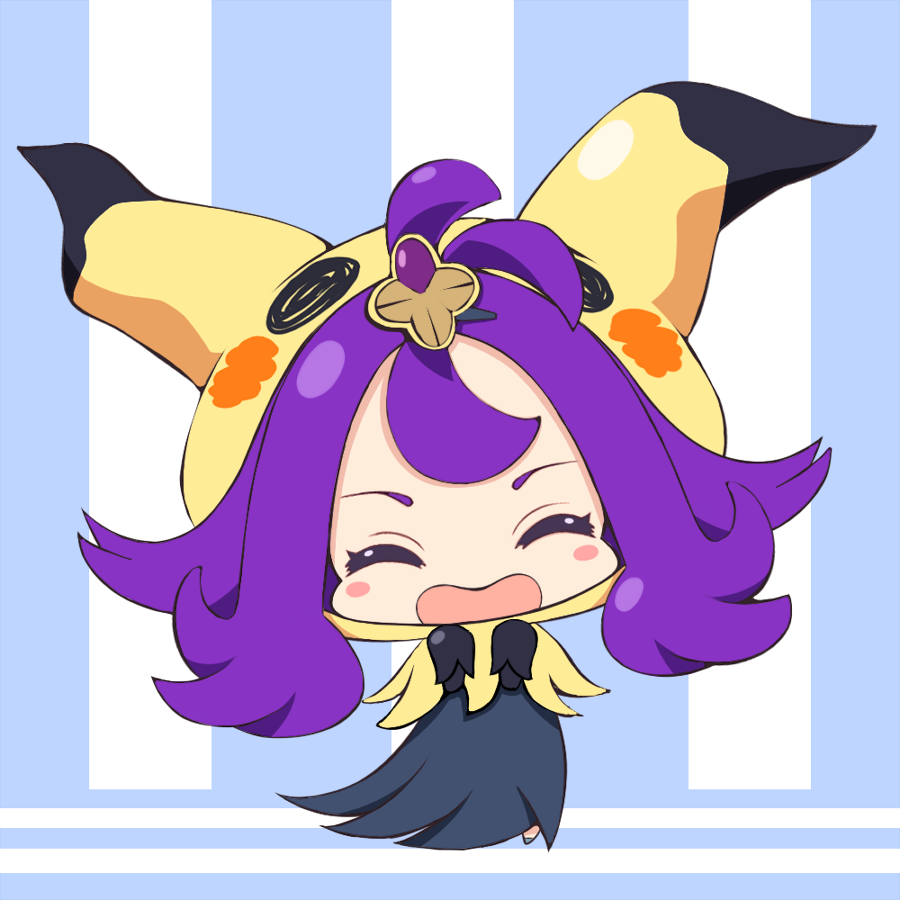 1girl, ^_^, acerola_(pokemon), animal_hood, antenna_hair, asairosora, blue_background, blue_dress