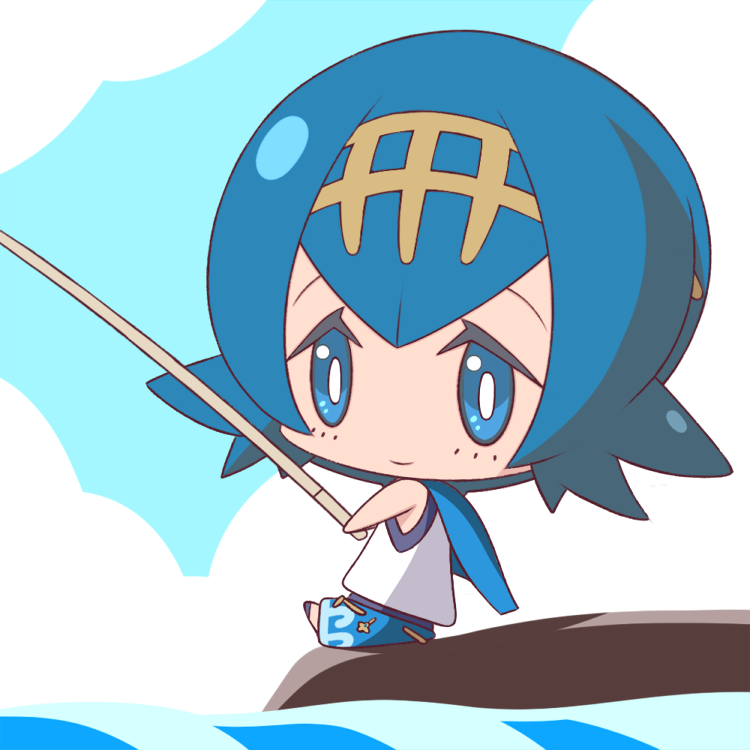 1girl, asairosora, bare_shoulders, blue_eyes, blue_hair, blue_one-piece_swimsuit, blue_pants, blue_sailor_collar, blue_sky, bob_cut, bright_pupils, chibi, closed_mouth, clouds, commentary_request, day, fishing, fishing_rod, from_side, full_body, hairband, happy, holding, holding_fishing_rod, lana_(pokemon), looking_at_viewer, ocean, one-piece_swimsuit, outdoors, pants, pokemon, pokemon_(game), pokemon_sm, sailor_collar, shirt, short_hair, sidelocks, sitting, sky, sleeveless, sleeveless_shirt, smile, solo, swimsuit, swimsuit_under_clothes, white_pupils, white_shirt, yellow_hairband