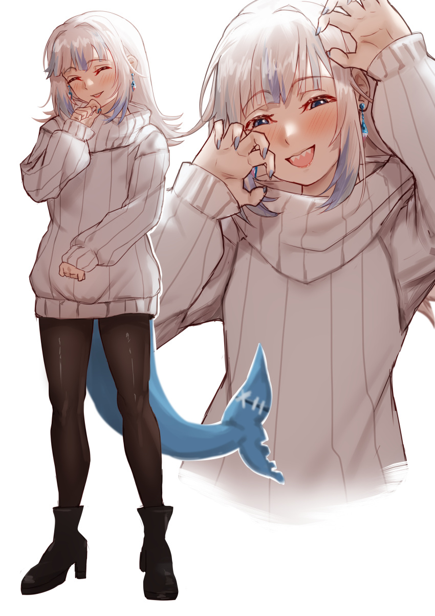 1girl, absurdres, aged_up, blue_eyes, blue_hair, blue_nails, blunt_bangs, blush