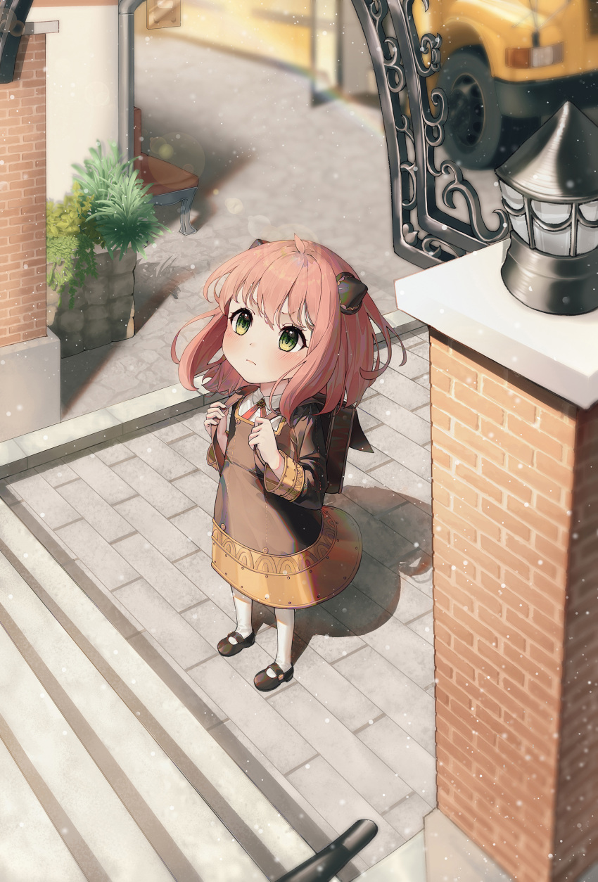 1girl, absurdres, anya_(spy_x_family), bag, child, commentary, cone_hair_bun, eden_academy_school_uniform