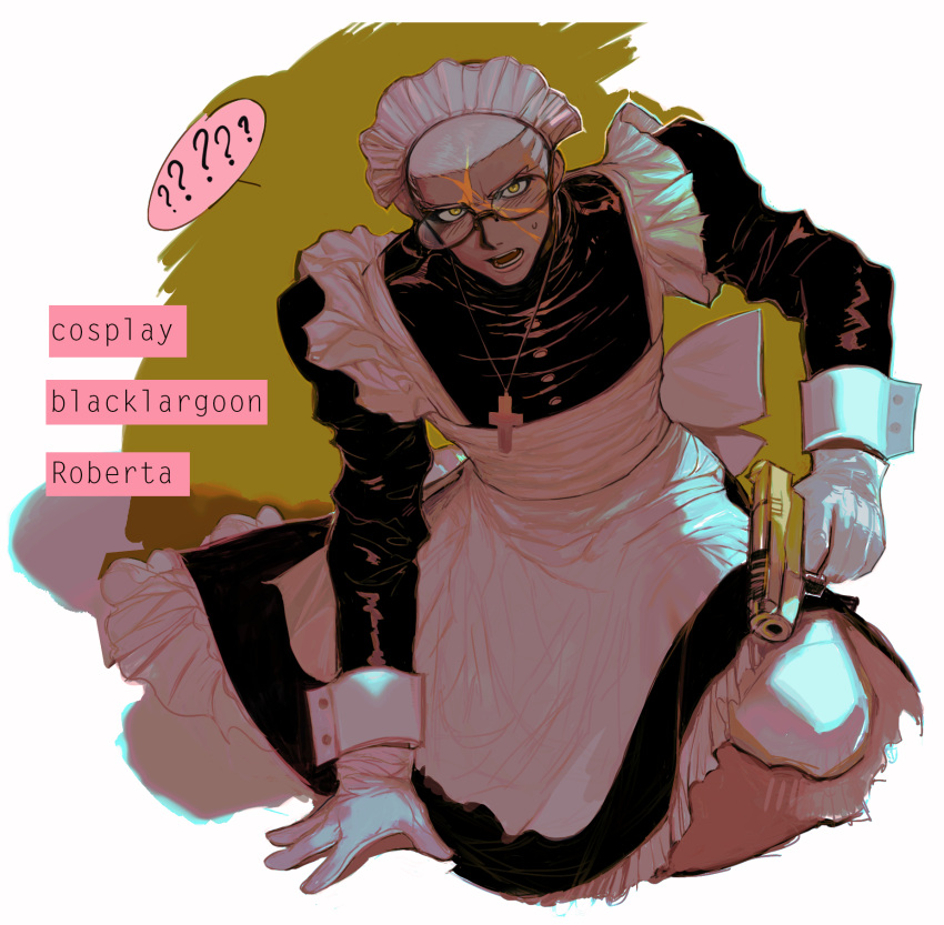 1boy, ?, apron, baragi, black_dress, bow, buttons, character_name