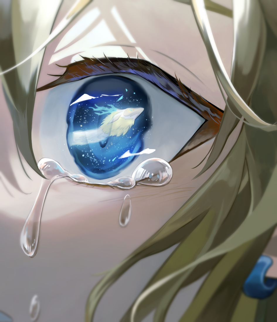 1boy, blue_eyes, close-up, crying, crying_with_eyes_open, earrings, eye_reflection, jewelry