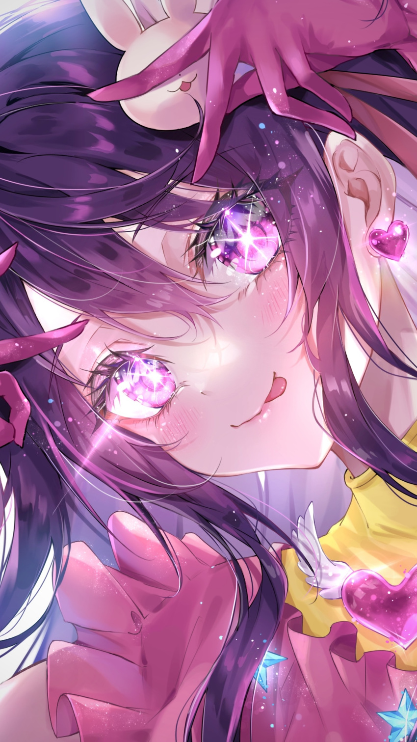 1girl, :p, blush, close-up, dutch_angle, earrings, eyes_visible_through_hair, gloves