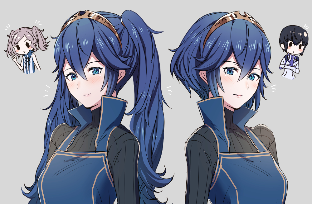 3girls, alternate_hairstyle, ameno_(a_meno0), black_hair, black_sweater, blue_hair, blush, blush_stickers