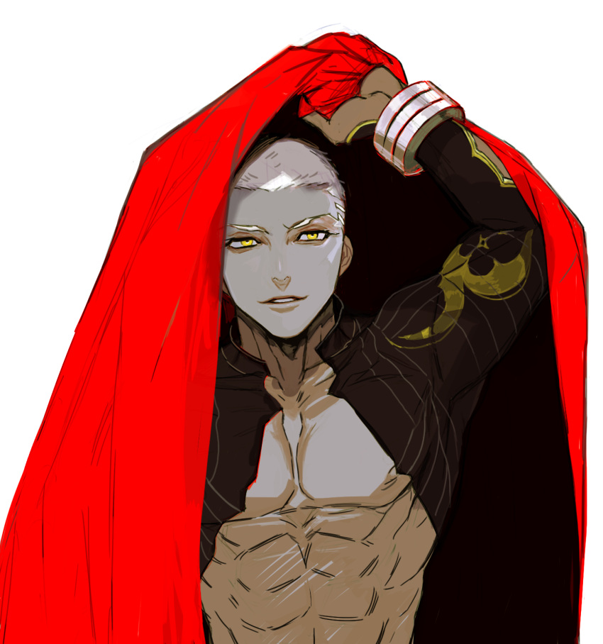 1boy, abs, baragi, black_shirt, black_skirt, cape, collarbone, dark-skinned_male