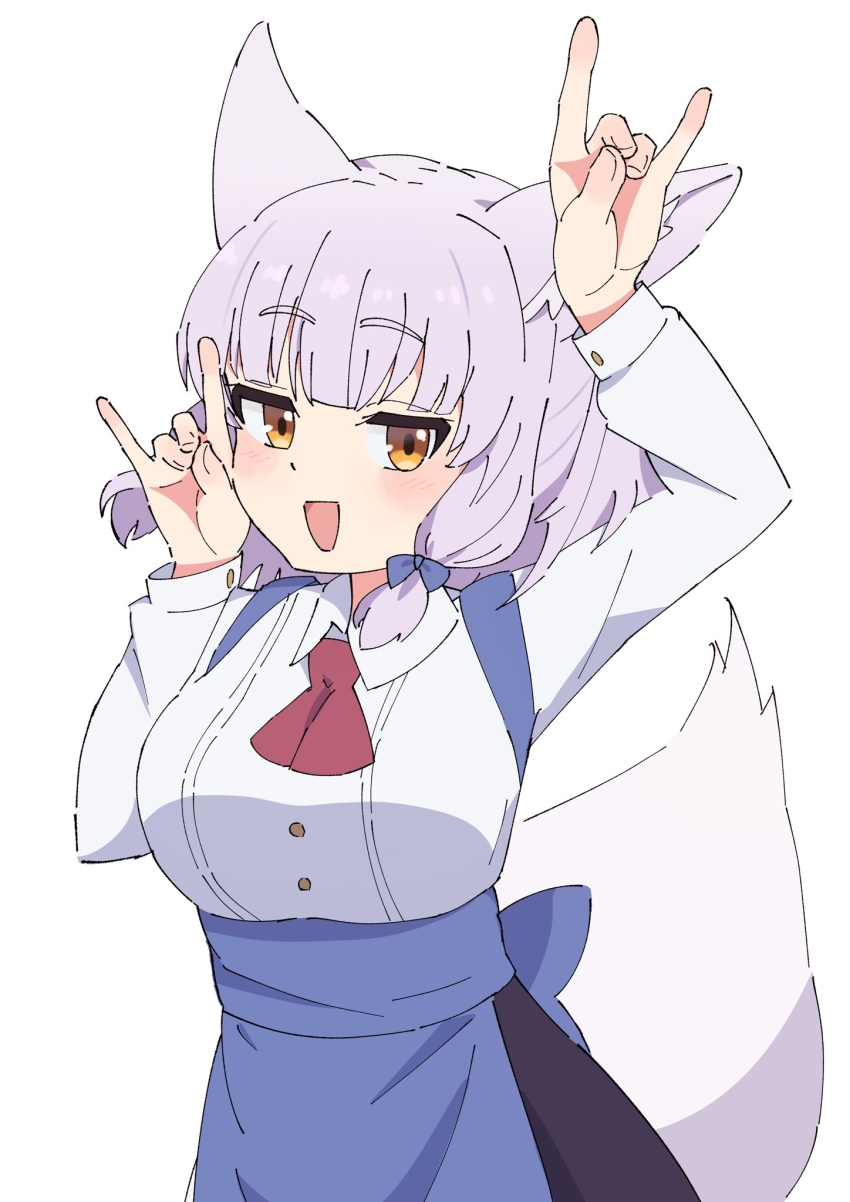 :d, alternate_breast_size, animal_ears, apron, arm_up, ascot, black_skirt, blue_apron