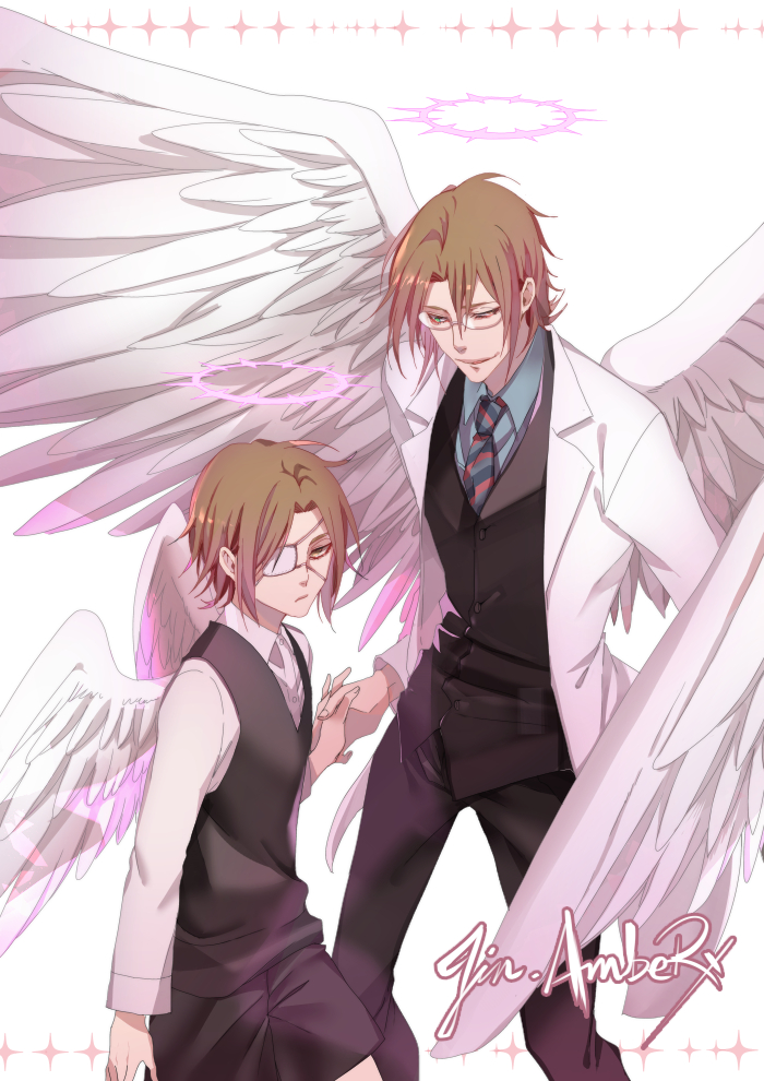 2boys, aged_down, angel_wings, artist_name, black_pants, black_shorts, black_vest, blue_necktie