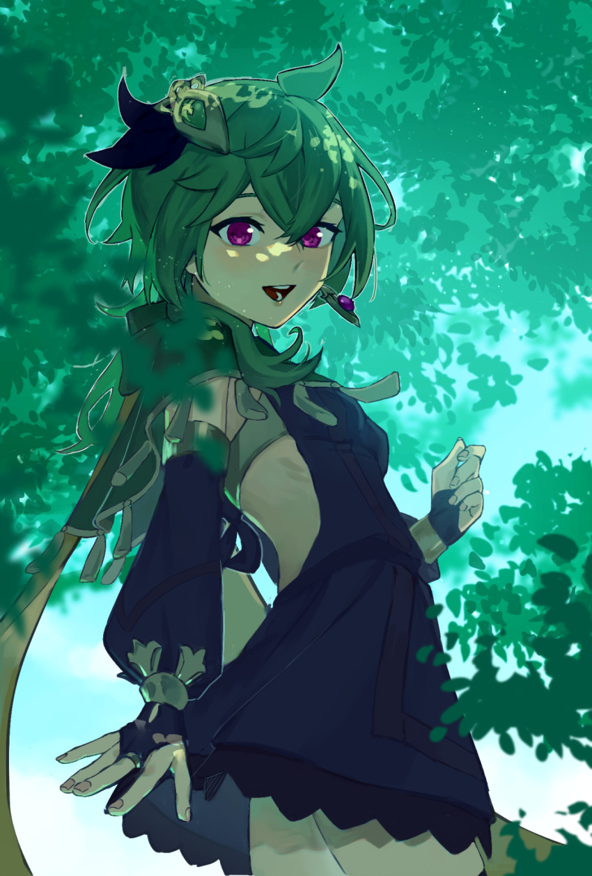 1girl, black_dress, breasts, capelet, clothing_cutout, collei_(genshin_impact), day, detached_sleeves, dress, earrings, genshin_impact, green_capelet, green_hair, hair_between_eyes, hair_ornament, highres, jewelry, looking_at_viewer, medium_hair, open_mouth, outdoors, pink_eyes, side_cutout, single_earring, small_breasts, solo, tassel, yamimumemo