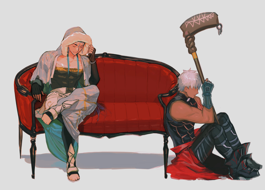 2boys, abs, absurdres, archer_(fate), baragi, black_footwear, black_gloves, black_pants