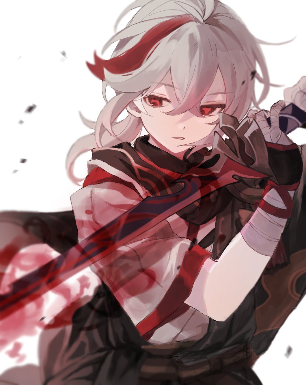 1boy, bandaged_arm, bandaged_hand, bandages, black_gloves, crossed_bangs, fingerless_gloves, genshin_impact