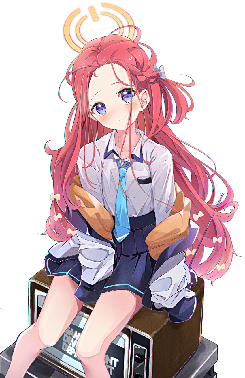 1girl, absurdres, blue_archive, blue_eyes, blue_necktie, blue_skirt, bow, braid