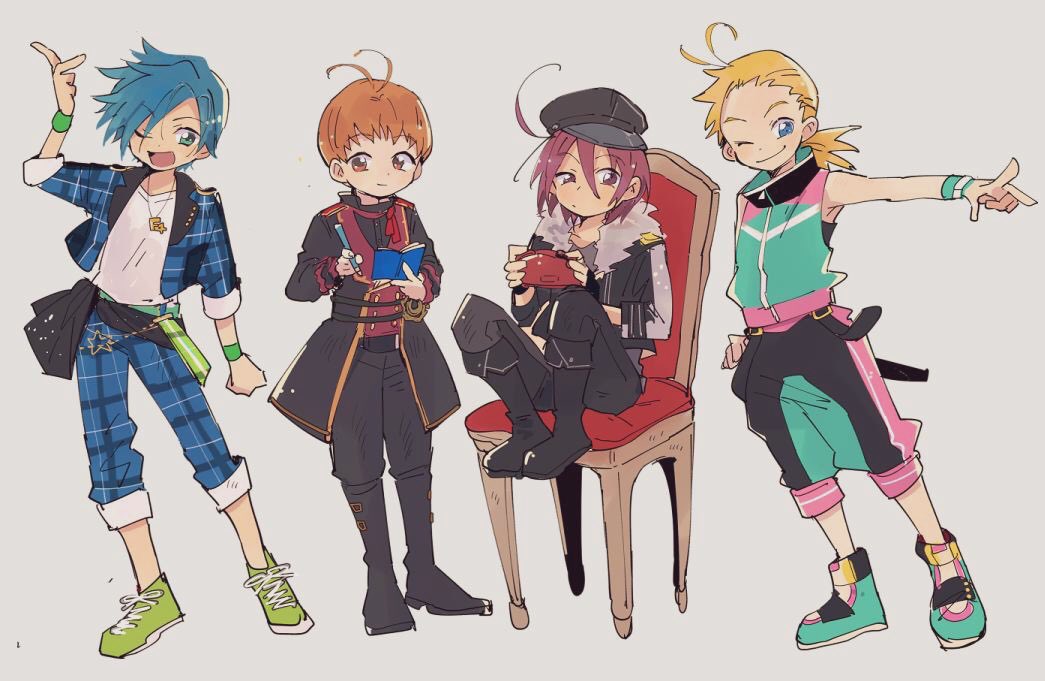 4boys, ahoge, akatsuki_(ojamajo_doremi), antenna_hair, black_footwear, black_jacket, black_pants, blonde_hair