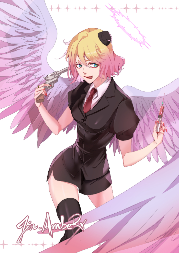 1girl, :q, angel_wings, aqua_eyes, artist_name, black_headwear, black_jacket, black_skirt