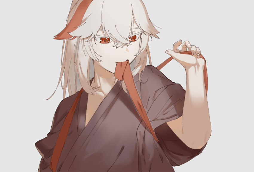 1boy, adjusting_clothes, alternate_hairstyle, crossed_bangs, genshin_impact, grey_background, grey_hair, hair_between_eyes