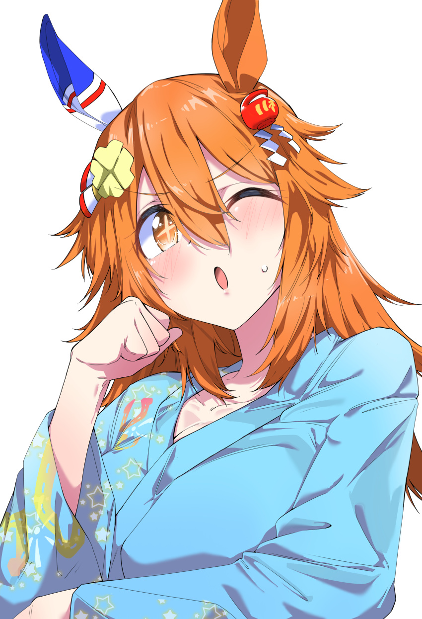 +_+, 1girl, absurdres, alternate_costume, alternate_hairstyle, animal_ears, blue_kimono, centre_ondo_kimono_(umamusume)