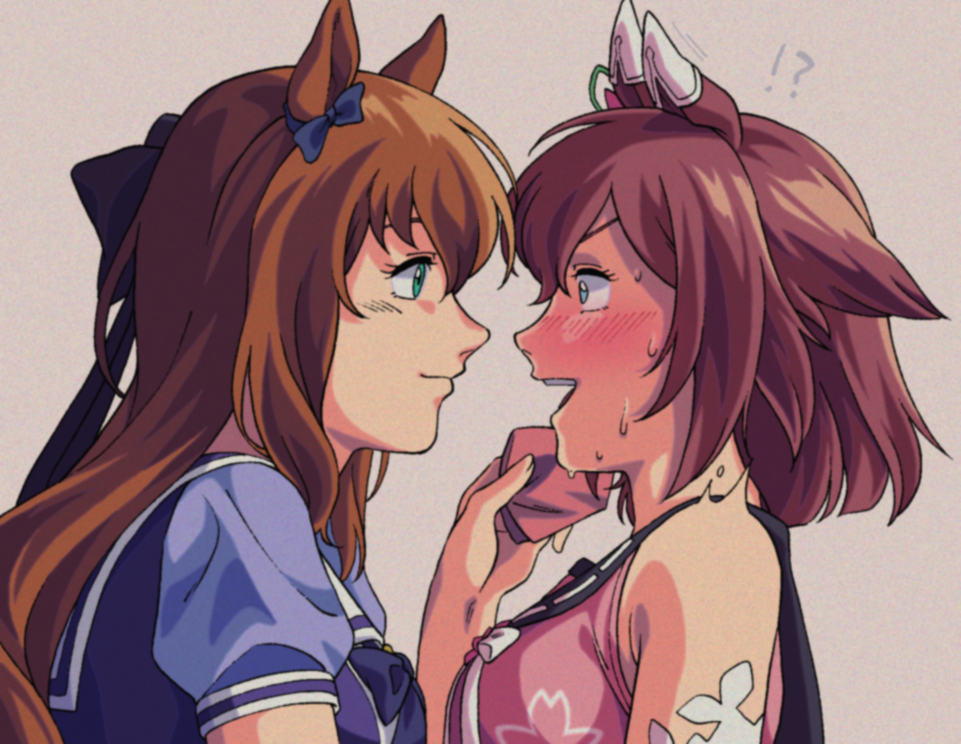 !?, 1980s_(style), 2girls, animal_ears, black_bow, blue_bow, blue_eyes, blush