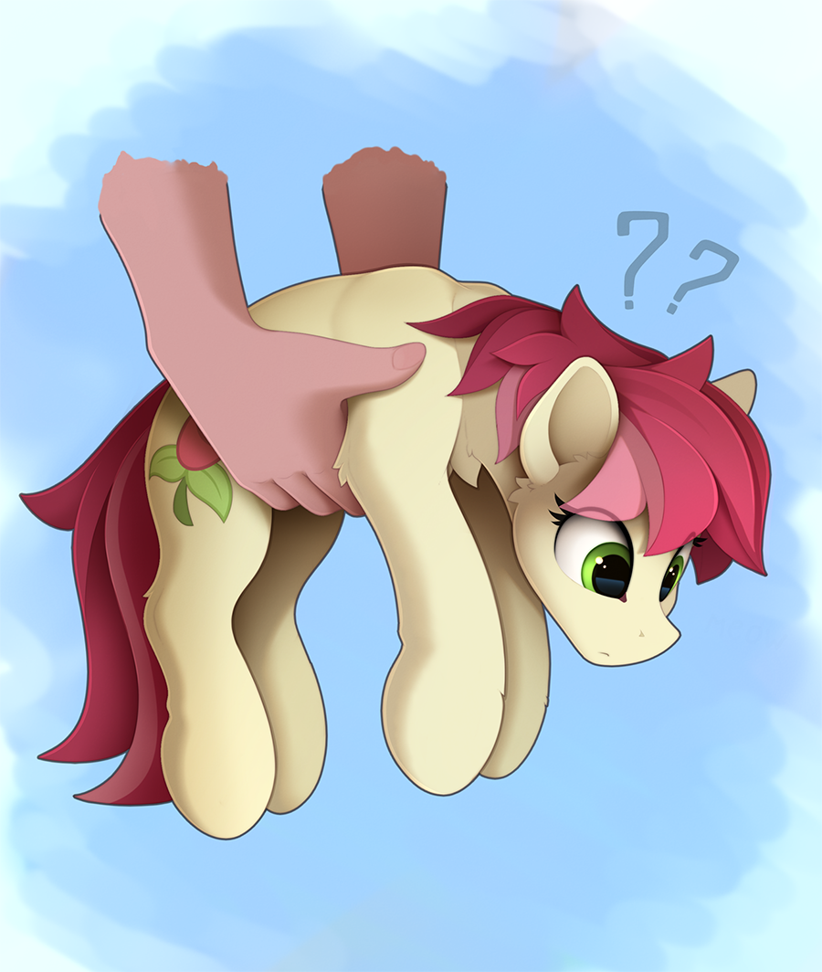 1other, ?, ??, blue_background, disembodied_limb, from_side, green_eyes, lifting_animal, my_little_pony, my_little_pony:_friendship_is_magic, pink_hair, pony_(animal), roseluck, white_fur, yakovlev-vad