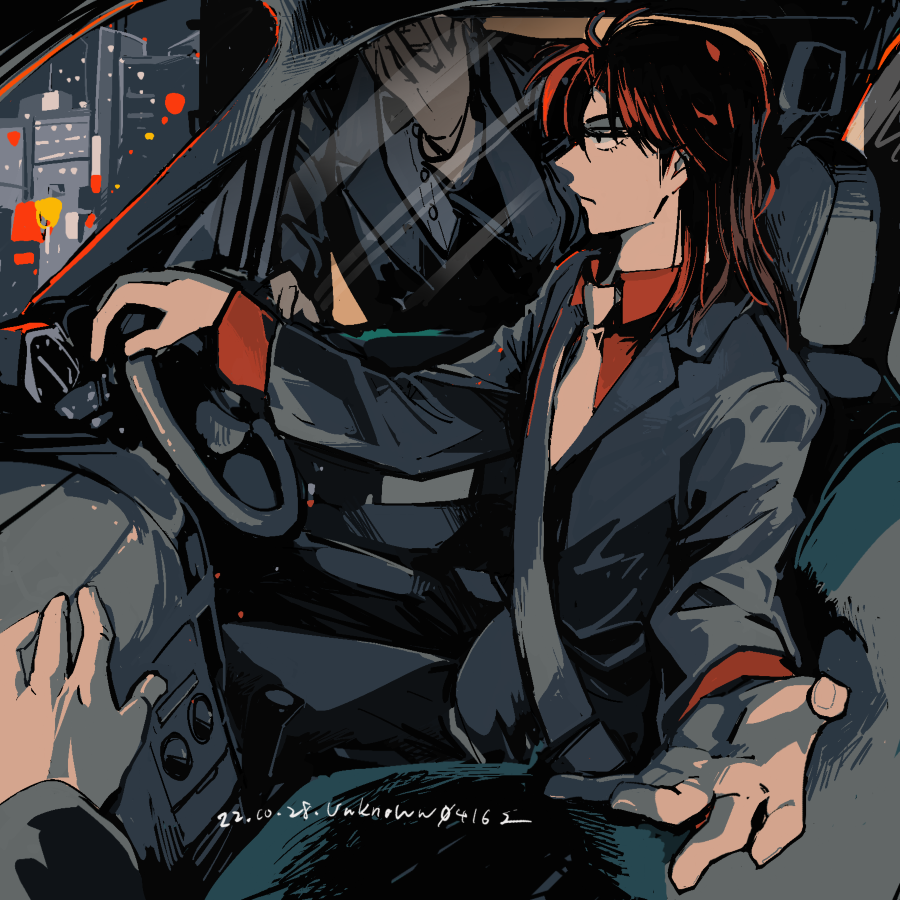 2boys, black_eyes, car_interior, city, closed_mouth, commentary_request, driving, expressionless