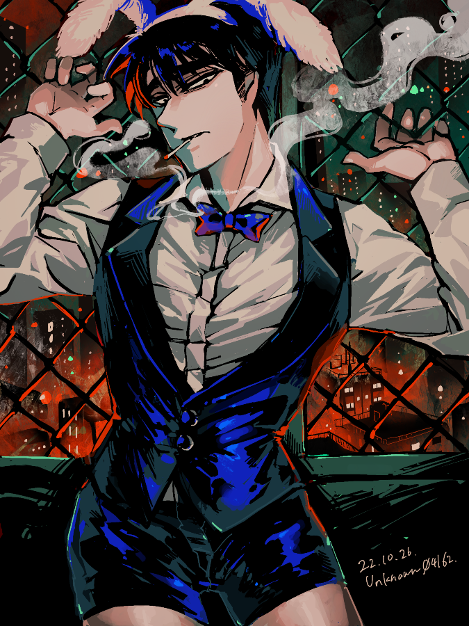 1boy, animal_ears, artist_name, black_eyes, black_hair, blue_bow, blue_bowtie, blue_shorts