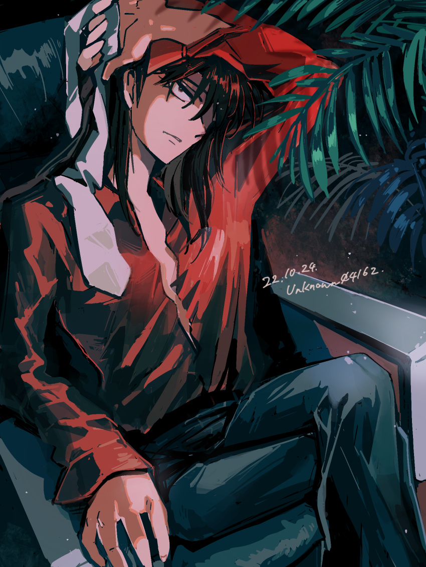 1boy, black_pants, chair, closed_mouth, collared_shirt, commentary_request, crossed_legs, dated