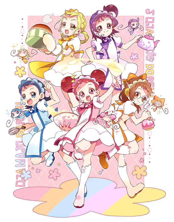 >_<, 5girls, arm_up, asuka_momoko, blonde_hair, blue_eyes, blue_hair, blue_scarf