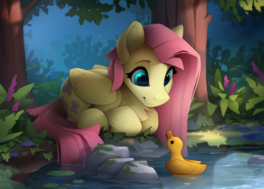bird, blue_eyes, duck, fluttershy, forest, highres, long_hair, my_little_pony