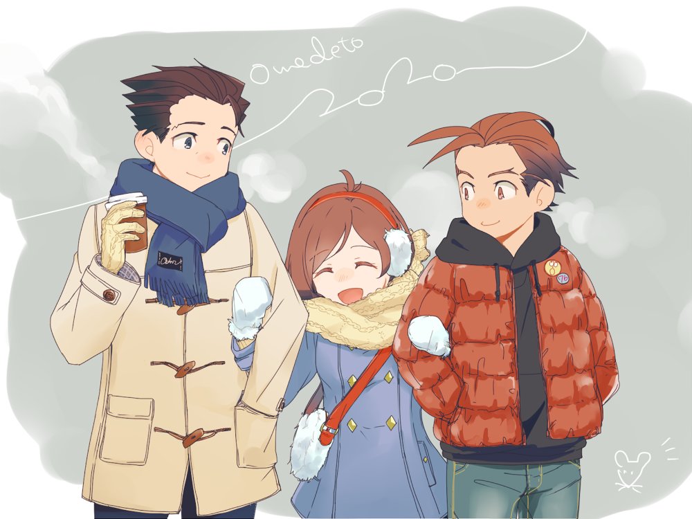 1girl, 2020, 2boys, :d, ace_attorney, antenna_hair, apollo_justice, arm_hug