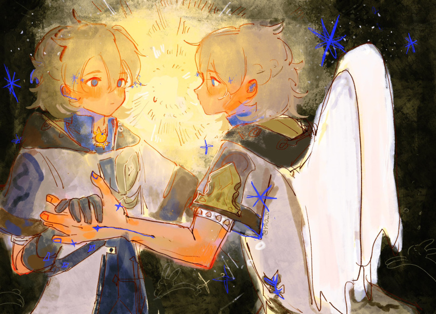 2boys, albedo_(genshin_impact), angel_wings, black_background, blonde_hair, blue_eyes, brown_background, dual_persona
