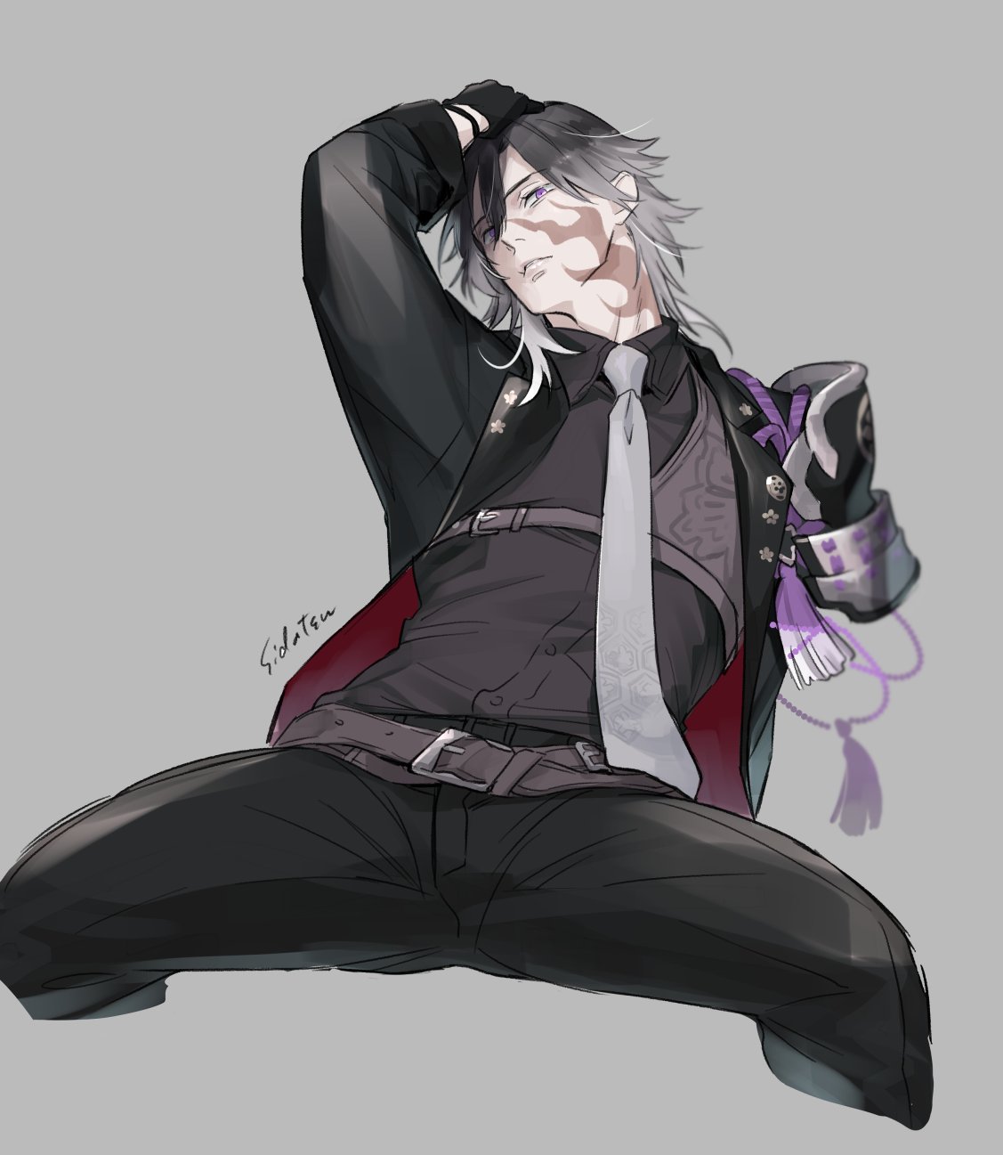 1boy, armor, belt, black_gloves, black_pants, dress_shirt, gloves, gradient_hair, grey_hair, grey_necktie, hand_in_own_hair, highres, japanese_armor, jikkyuu_mitsutada, male_focus, multicolored_hair, necktie, pants, parted_lips, scar, shidatsu_takayuki, shirt, solo, spread_legs, suit, tassel, touken_ranbu