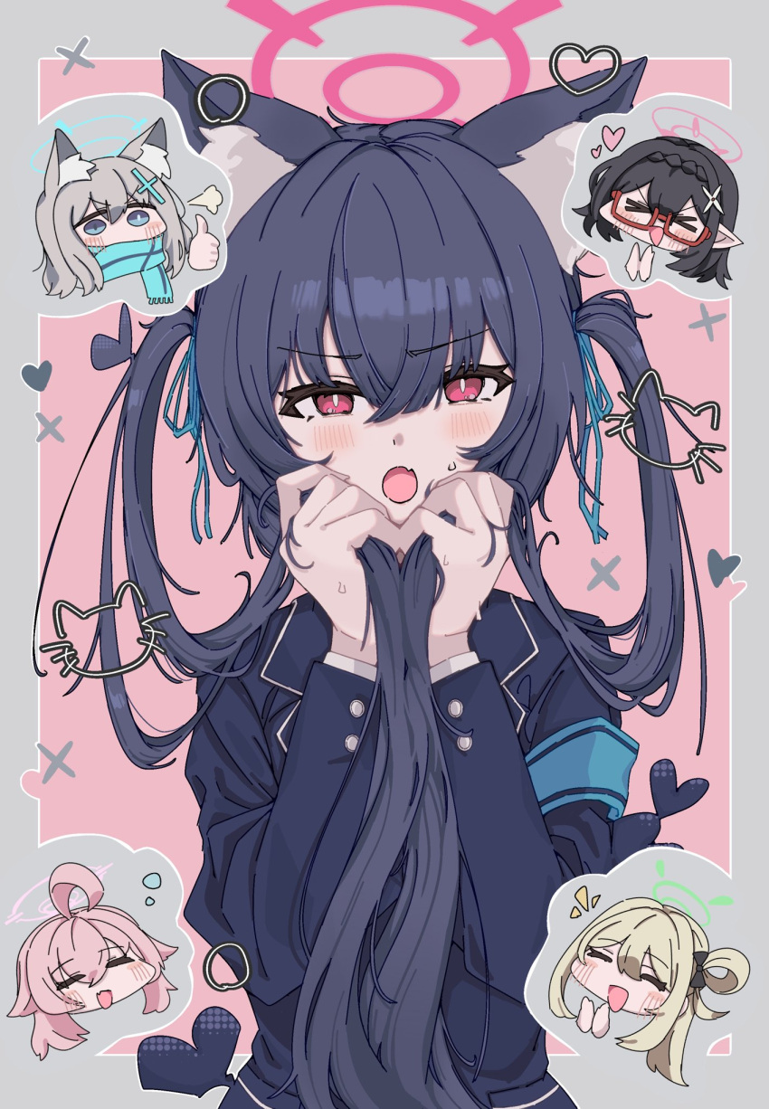 5girls, akane_(blue_archive), animal_ear_fluff, animal_ears, armband, black_hair, black_jacket, blue_archive