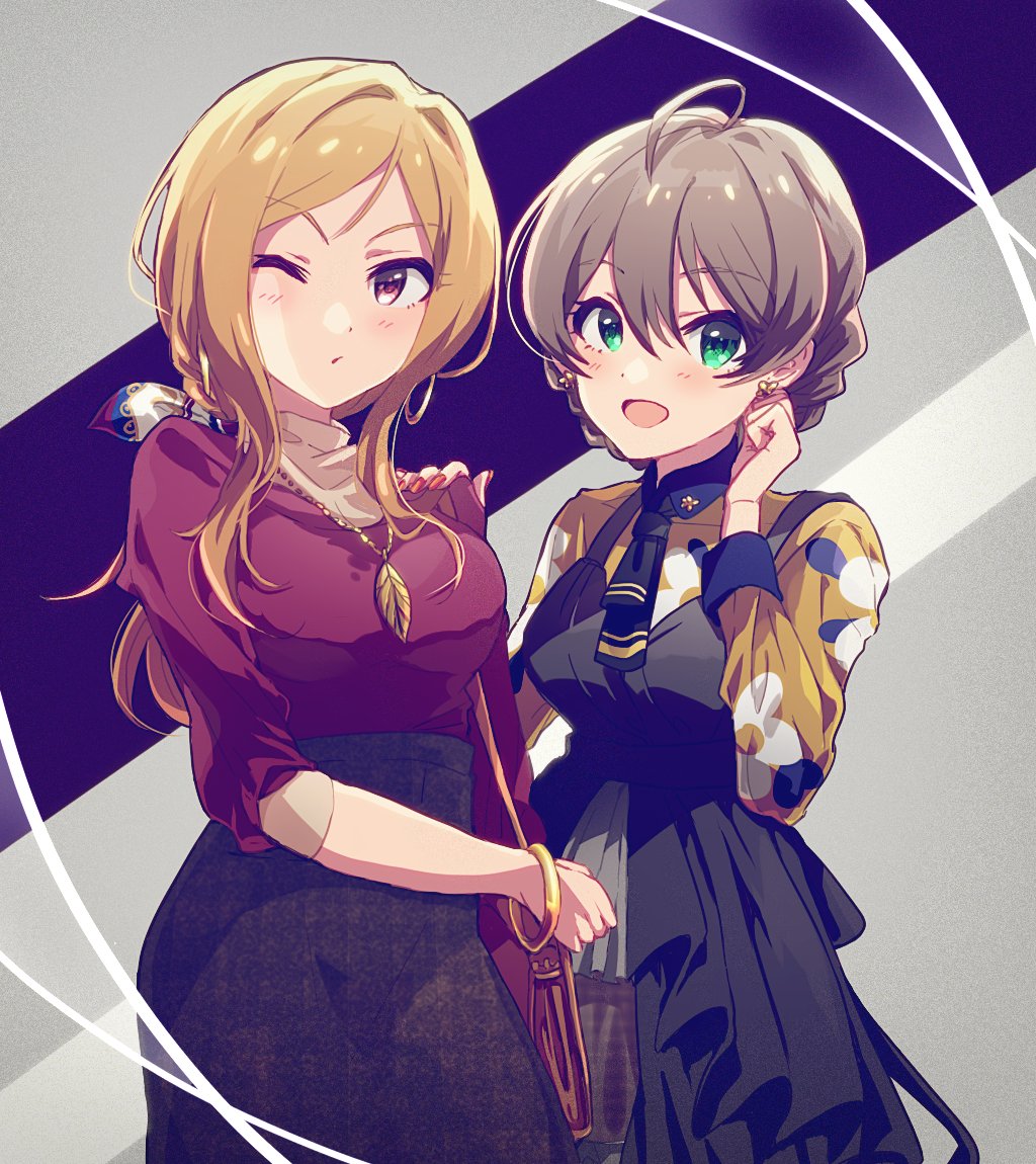 2girls, ahoge, anaroguya, bag, black_dress, black_necktie, black_skirt, blonde_hair